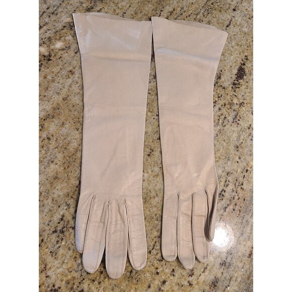 Vintage Size S 7 Beige Soft Leather Formal 14" Long Opera Gloves - Picture 1 of 15